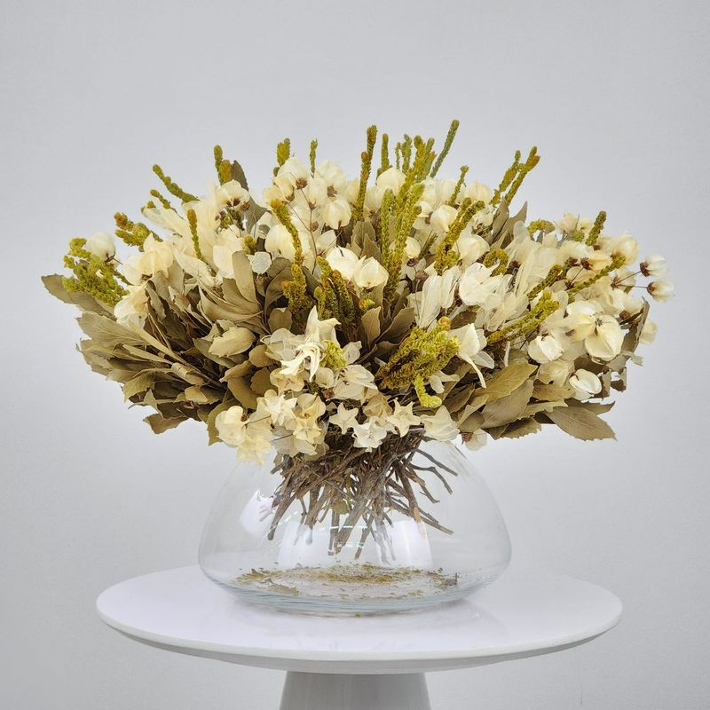 Dried Flowers Arrangement Classic Bougainvilleas Neutral Centerpiece + Glass  Vase Gg