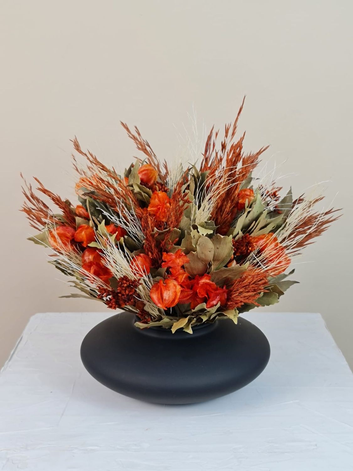 Dried Flowers Arrangement  Centerpiece + Black Small Vase