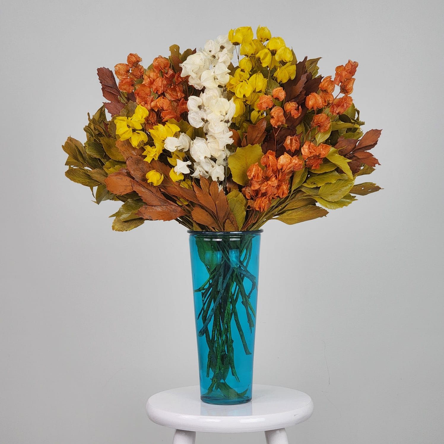 Mysterious Flora Dried Flowers  Arrangement + Blue Glass