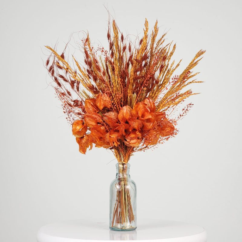 Dried Flowers Arrangement Single Face Delicacy Monochromatic Orange + Small Colorless Vase