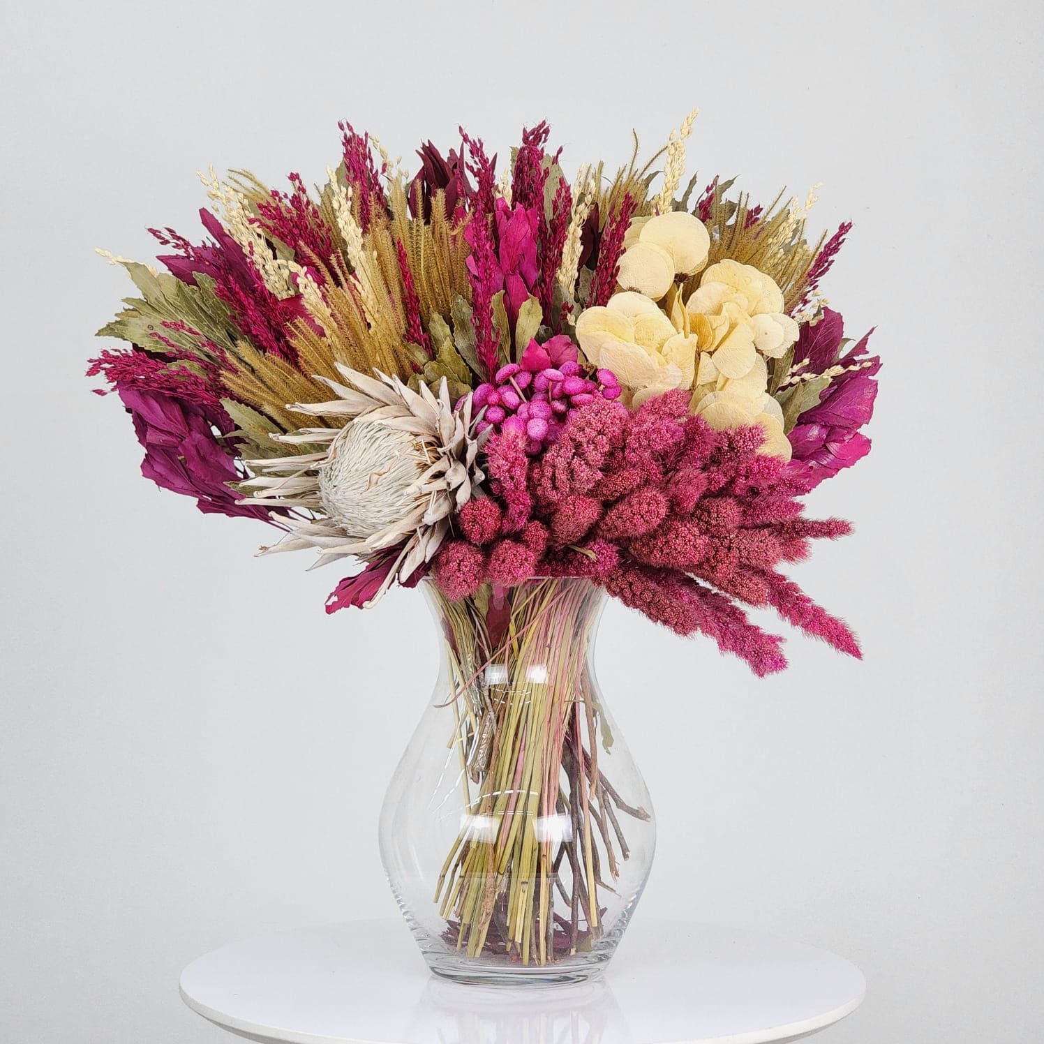 Dried Flowers Arrangement Single Face Rare  Protea King Rosy + Glass Vase
