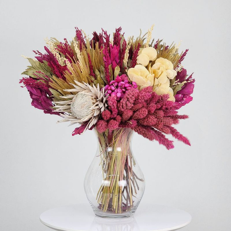 Dried Flowers Arrangement Single Face Rare  Protea King Rosy + Glass Vase