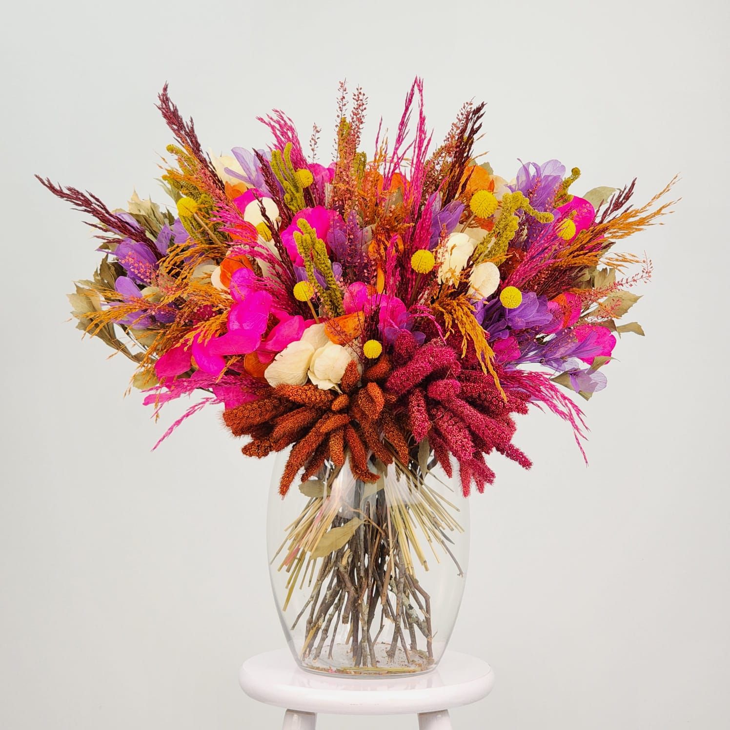 Dried Flowers Arrangement Single Face Petit Jardin March� Aux Fleurs + Glass  Vase
