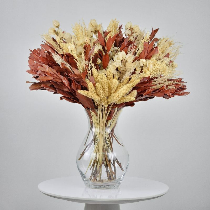 Dried Flowers Arrangement Single Face Classic Broom And Bougainvillea + Vase In  Glass