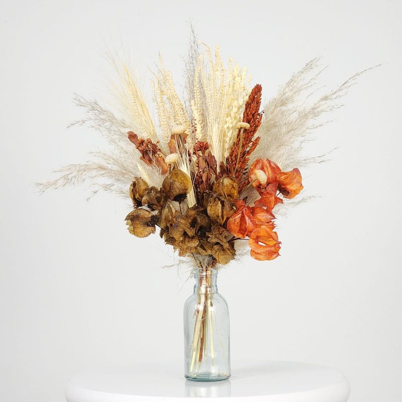 Dried Flowers Arrangement Single Face Delicacy Plume With Ochre  + Small Colorless Vase