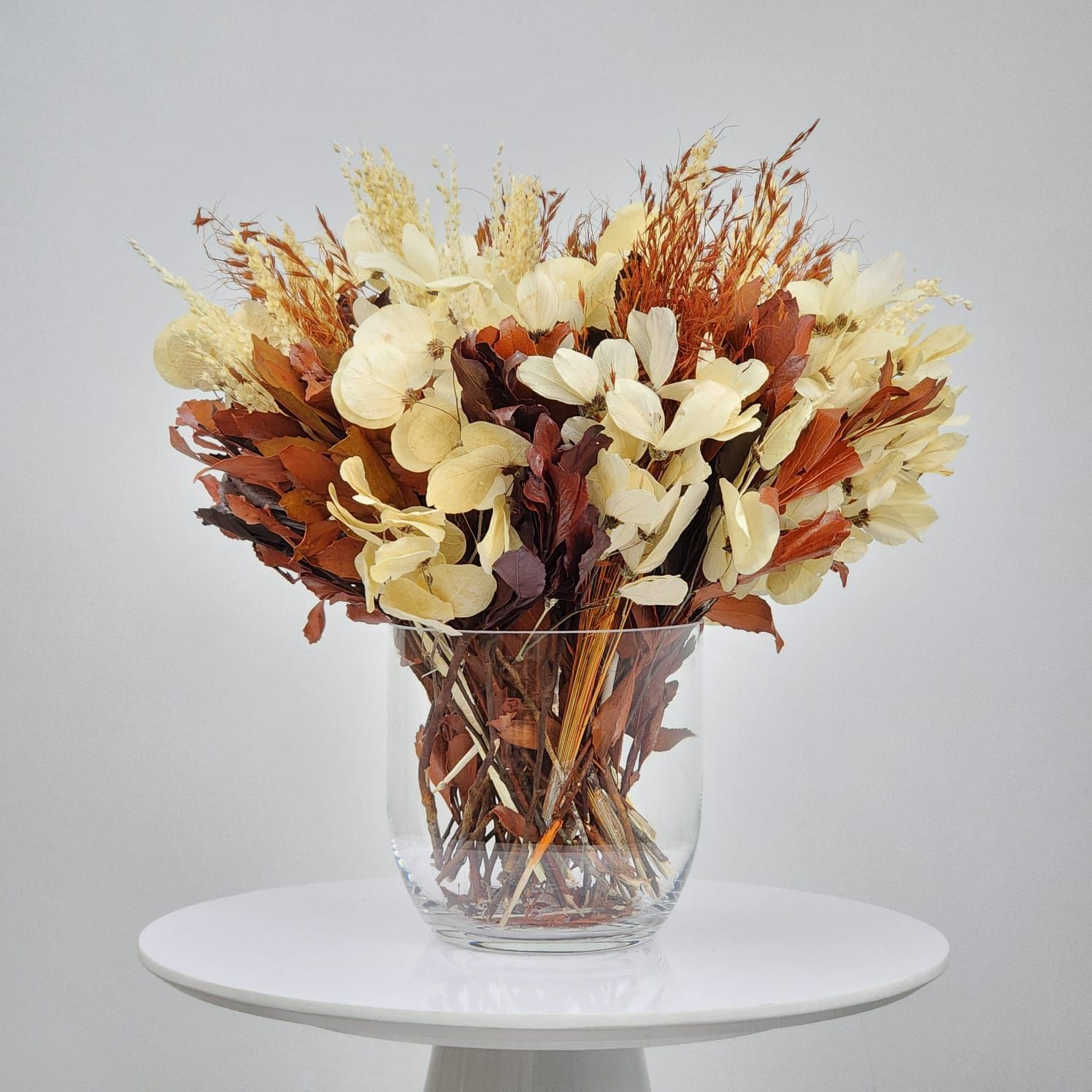 Dried Flowers Arrangement Classic Centerpiece Coin Leaf And Golden Grass +  Glass Vase