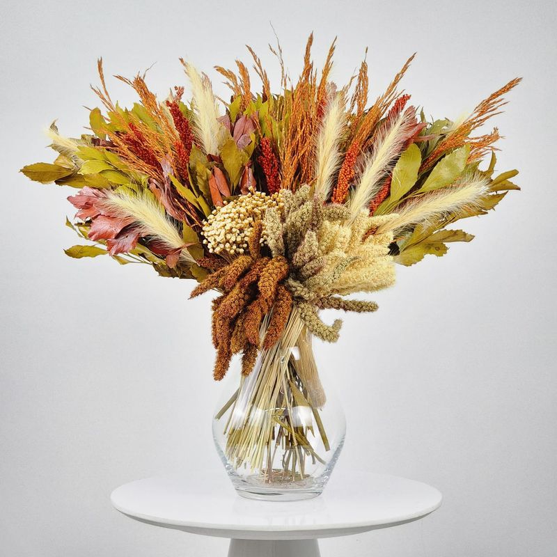 Dried Flowers Arrangement Single Face Classic Deposit Button And Chinese Wheat + Glass  Vase