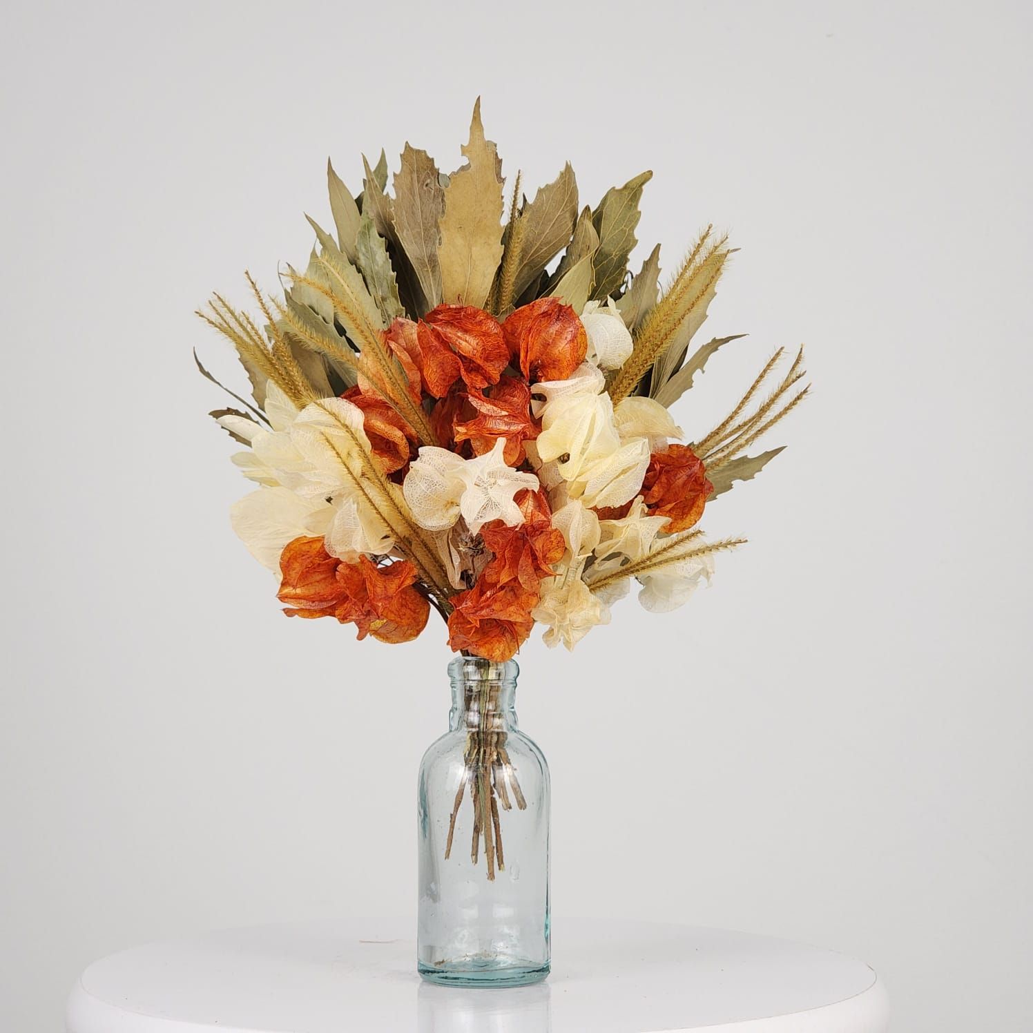 Dried Flowers Arrangement Single Face Delicacy White  Orange + Small Colorless Vase