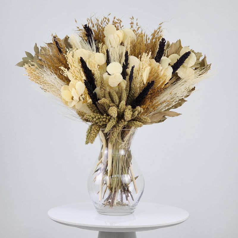 Dried Flowers Arrangement Single Face Classic Sorghum And Coin Leaf + Glass  Vase