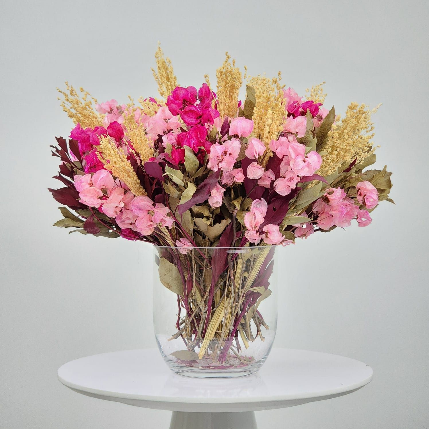 Dried Flowers Arrangement Classic Bougainvillea Centerpiece And Broom +  Glass Vase