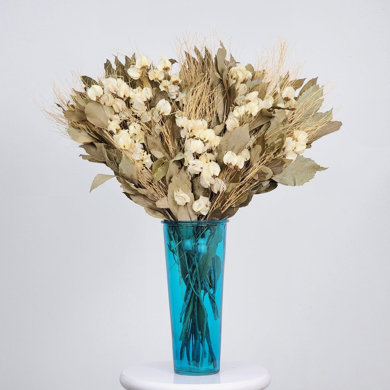 Dried Flowers Arrangement Single Face Special White + Blue Affection Vase