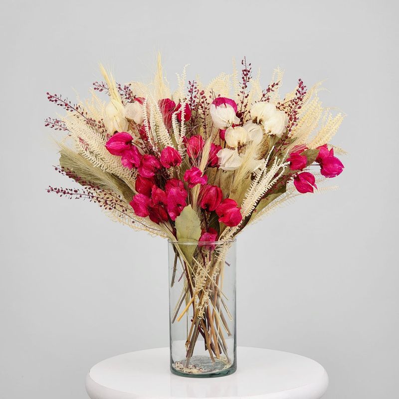 Dried Flowers Single Face Dengo Arrangement Magenta  + Clear Glass Vase