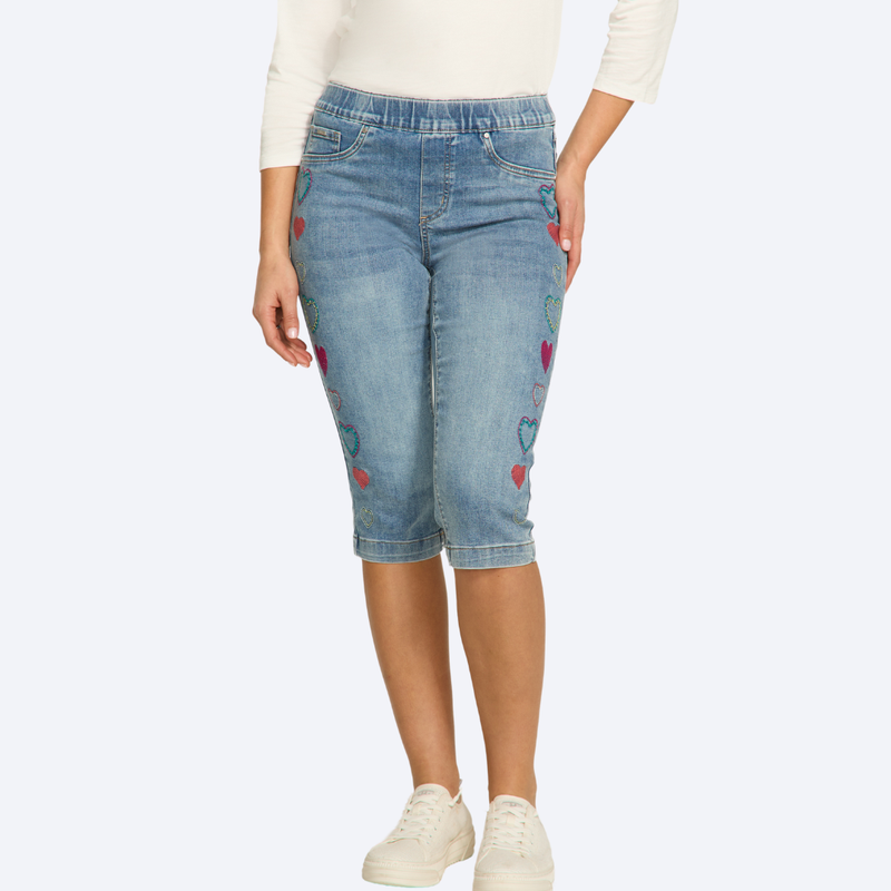 Pull On Pedal Pusher w/Embroid. Hearts