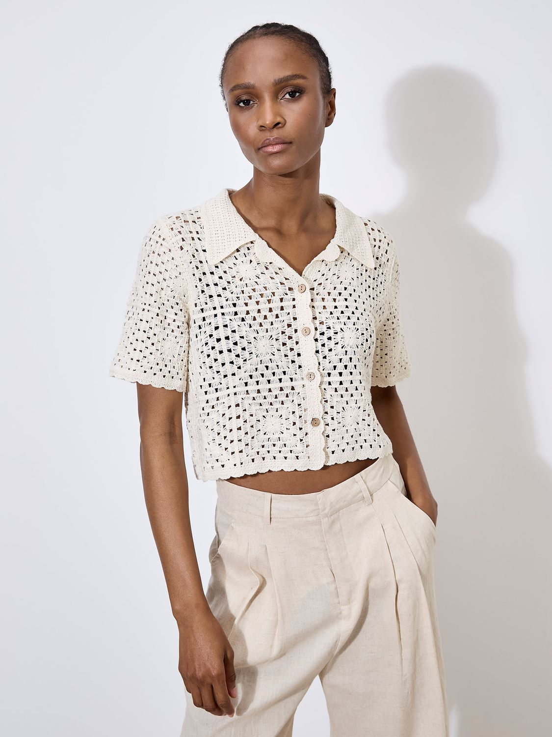 Crochet Collar Coconut Button Top