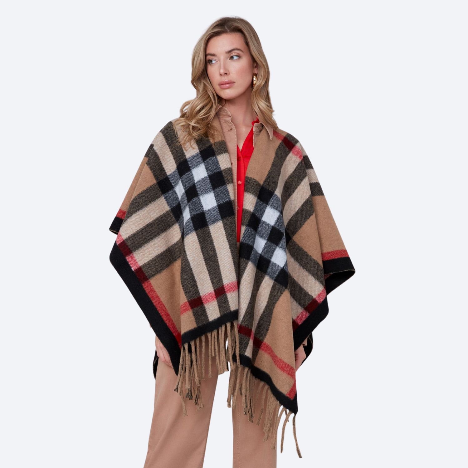 Plaid Poncho Tan One Size