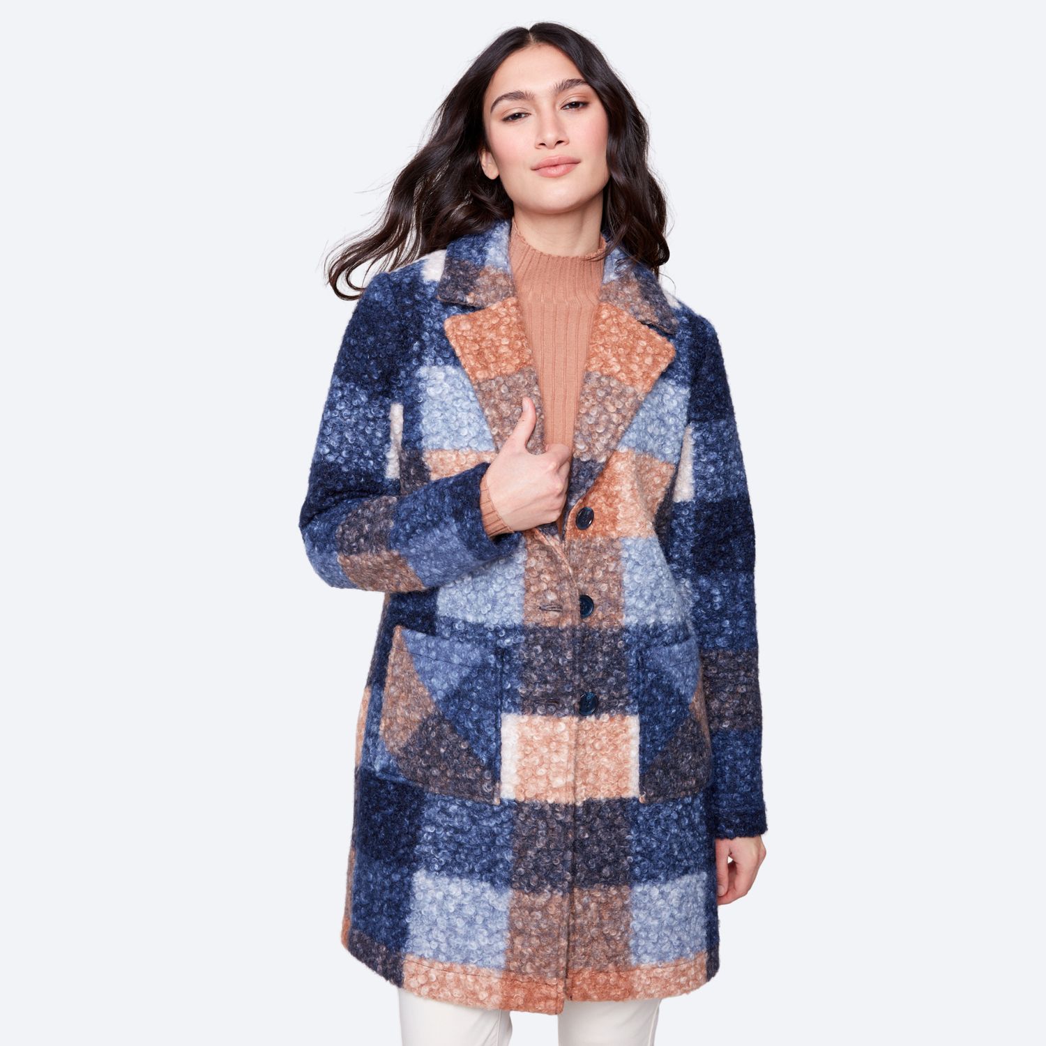 Plaid Boucle Knit Tailored Collar Coat