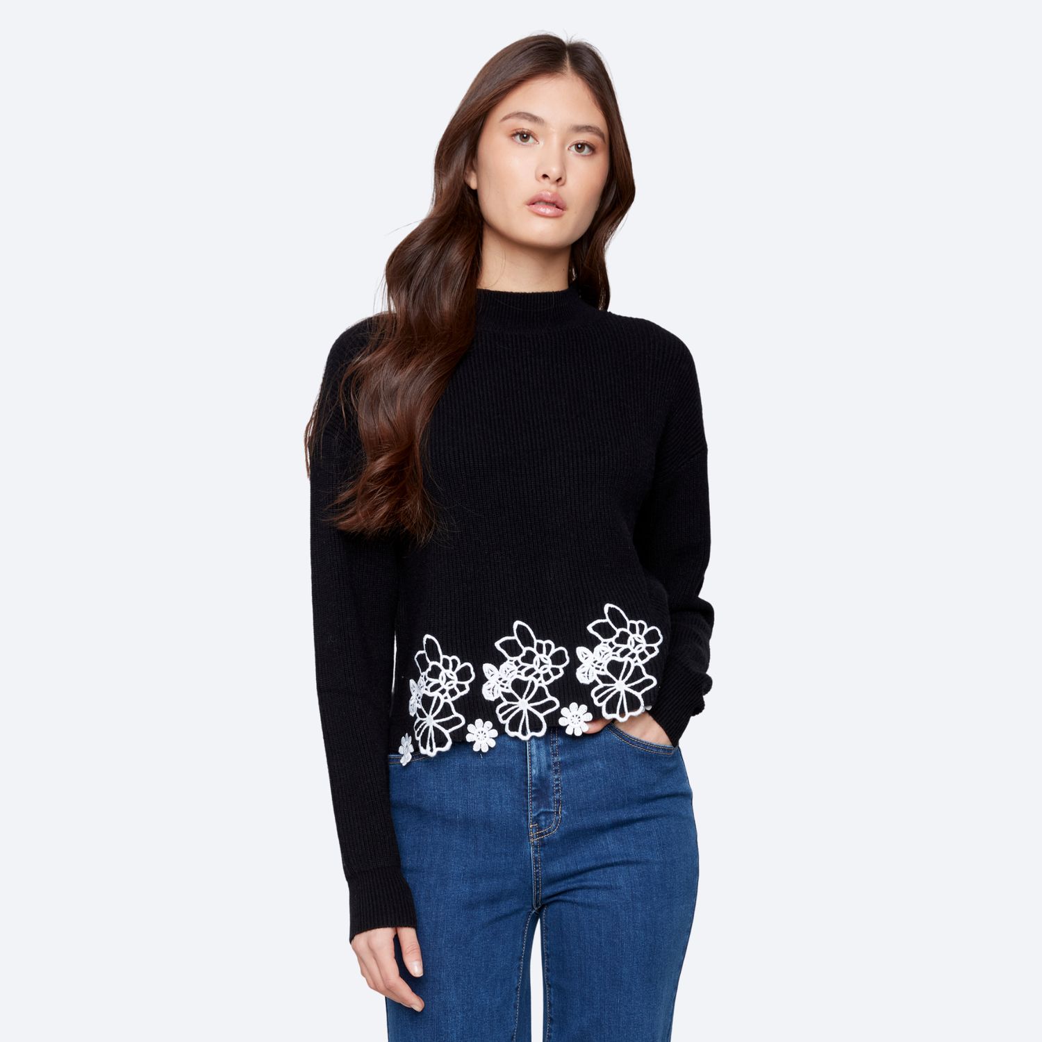 Mock Neck Sweater w/Lace Embroidered Hem