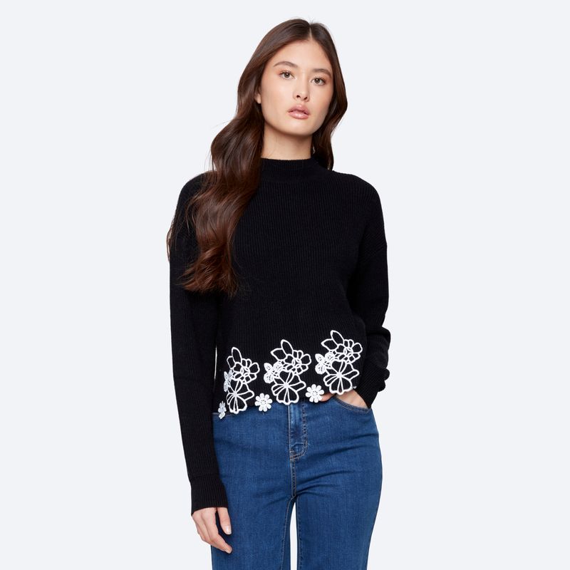 Mock Neck Sweater w/Lace Embroidered Hem