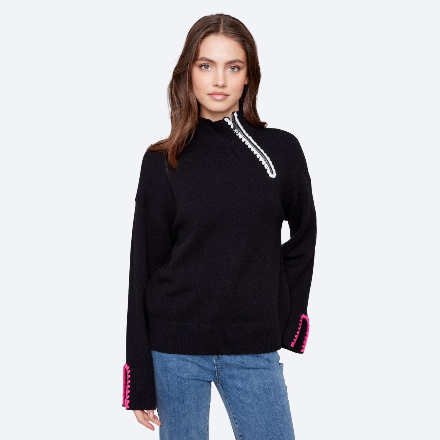 Mock Neck Sweater w/ Zipper and Crochet Details
