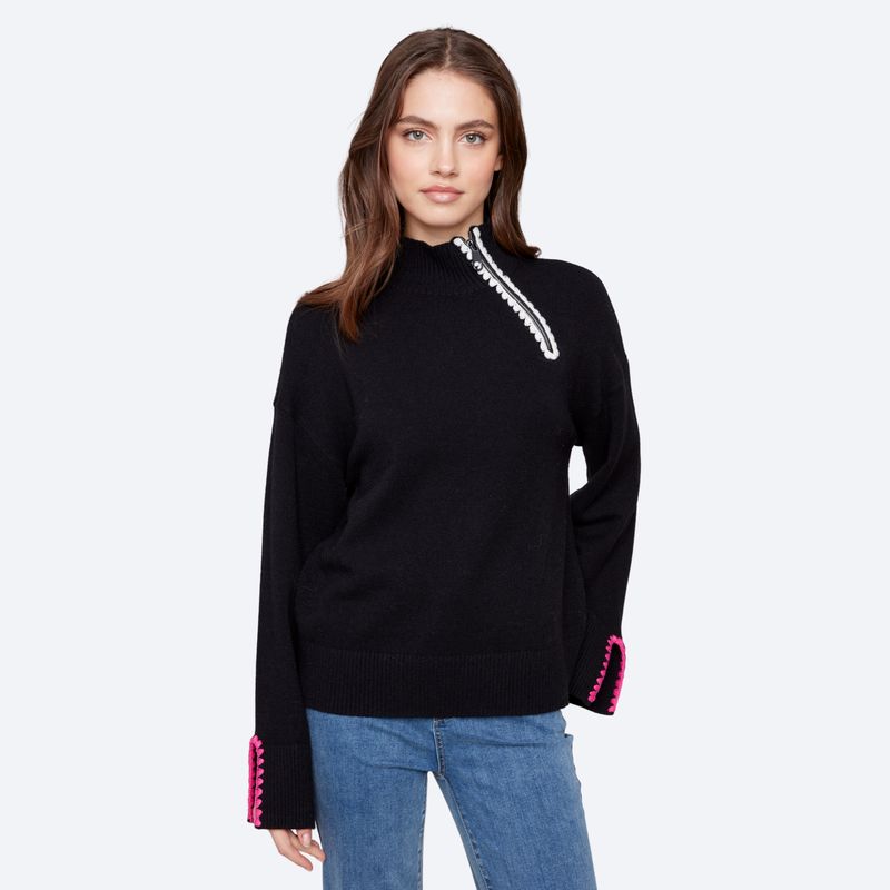 Mock Neck Sweater w/ Zipper and Crochet Details
