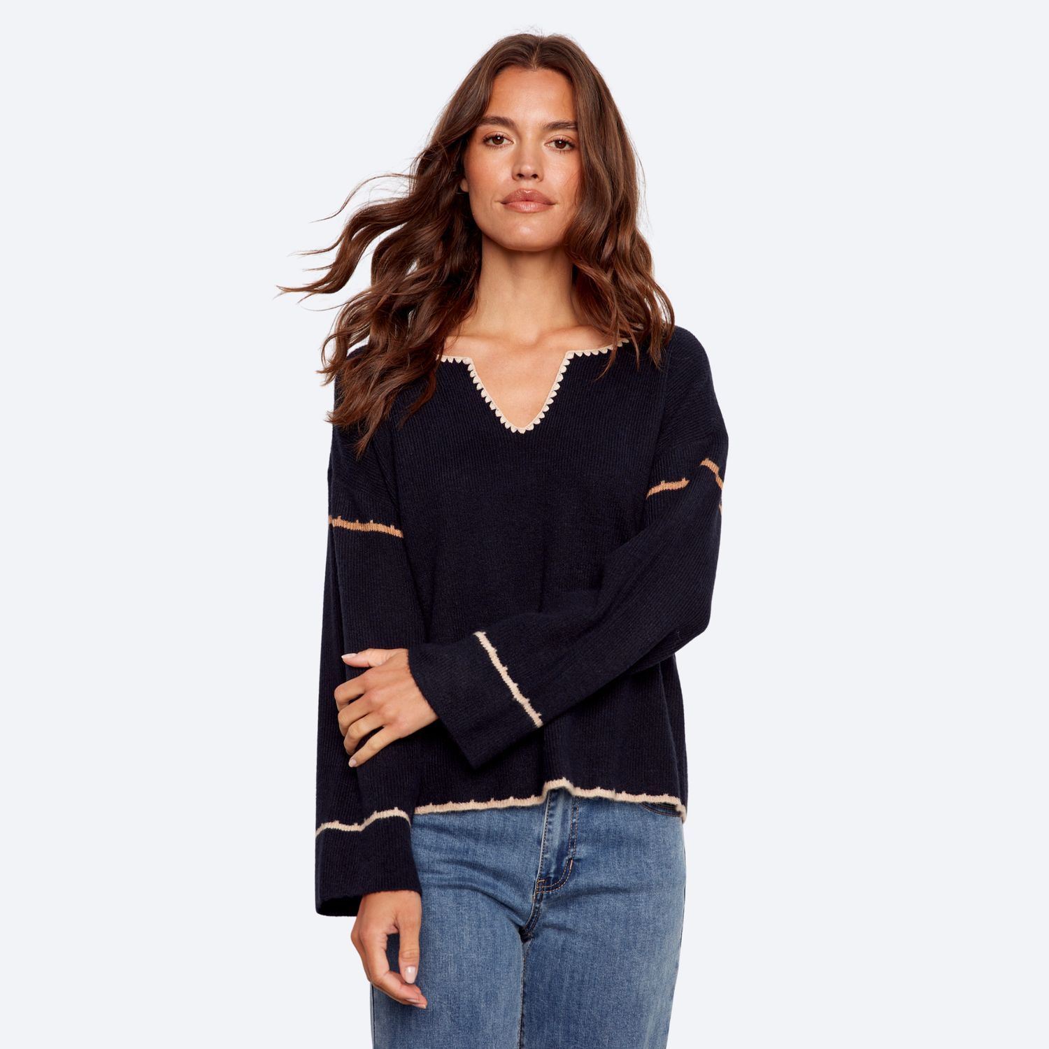 Ribbed V-Neck Notched Soutache Sweater
