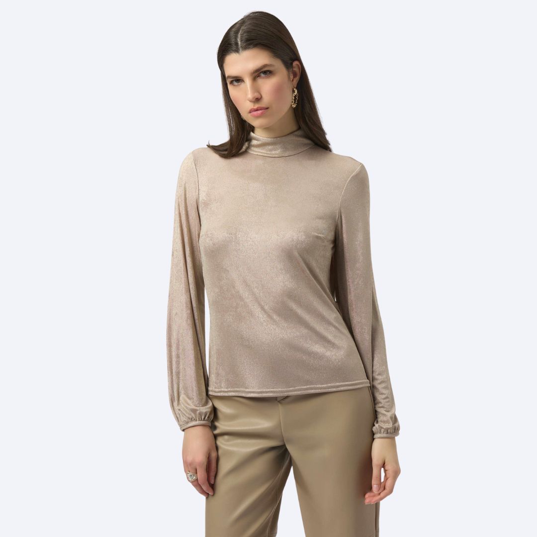 Foiled Knit Mock Neck Fitted Top