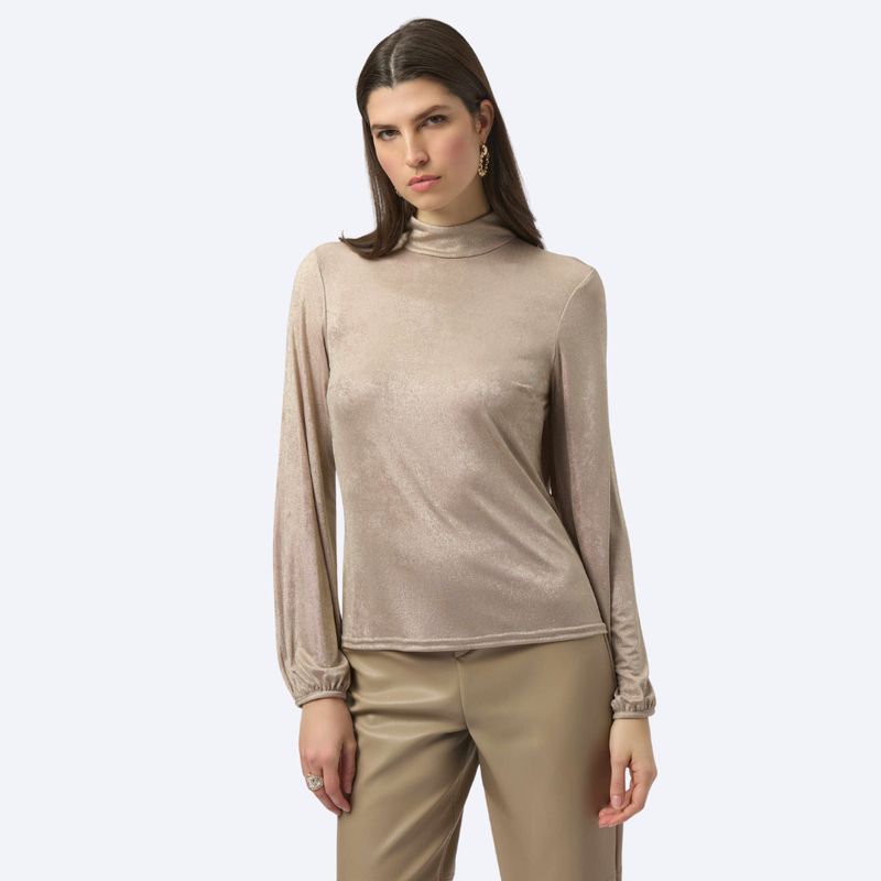 Foiled Knit Mock Neck Fitted Top