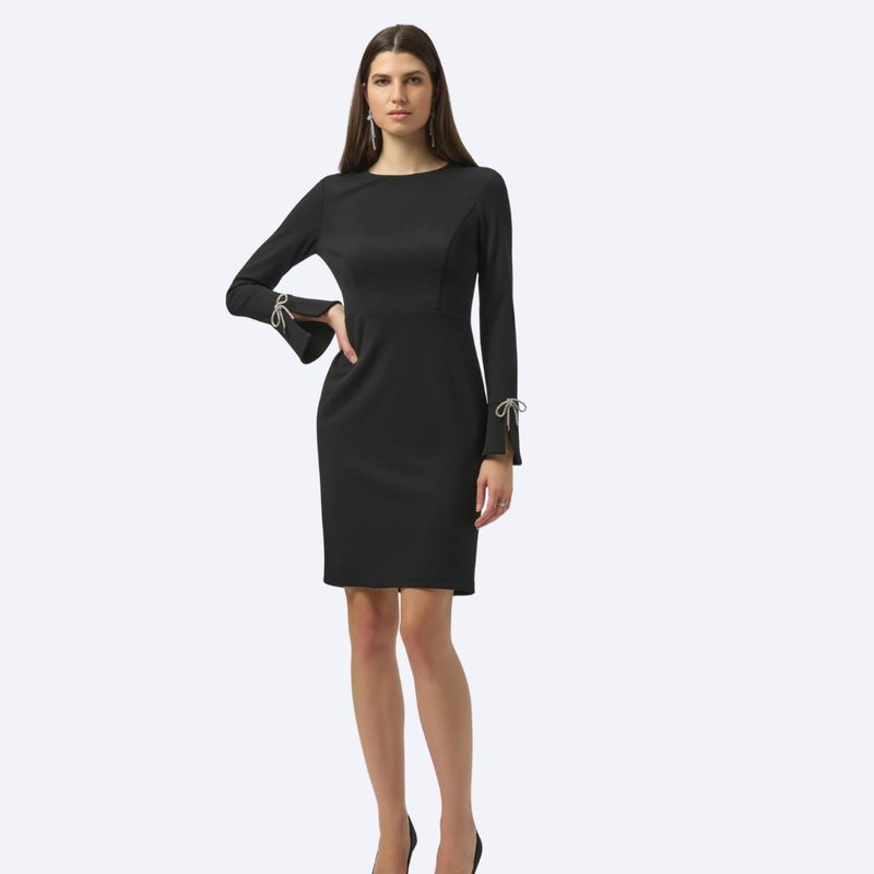 Scuba Crepe Shift Dress With Rhinestone Bows