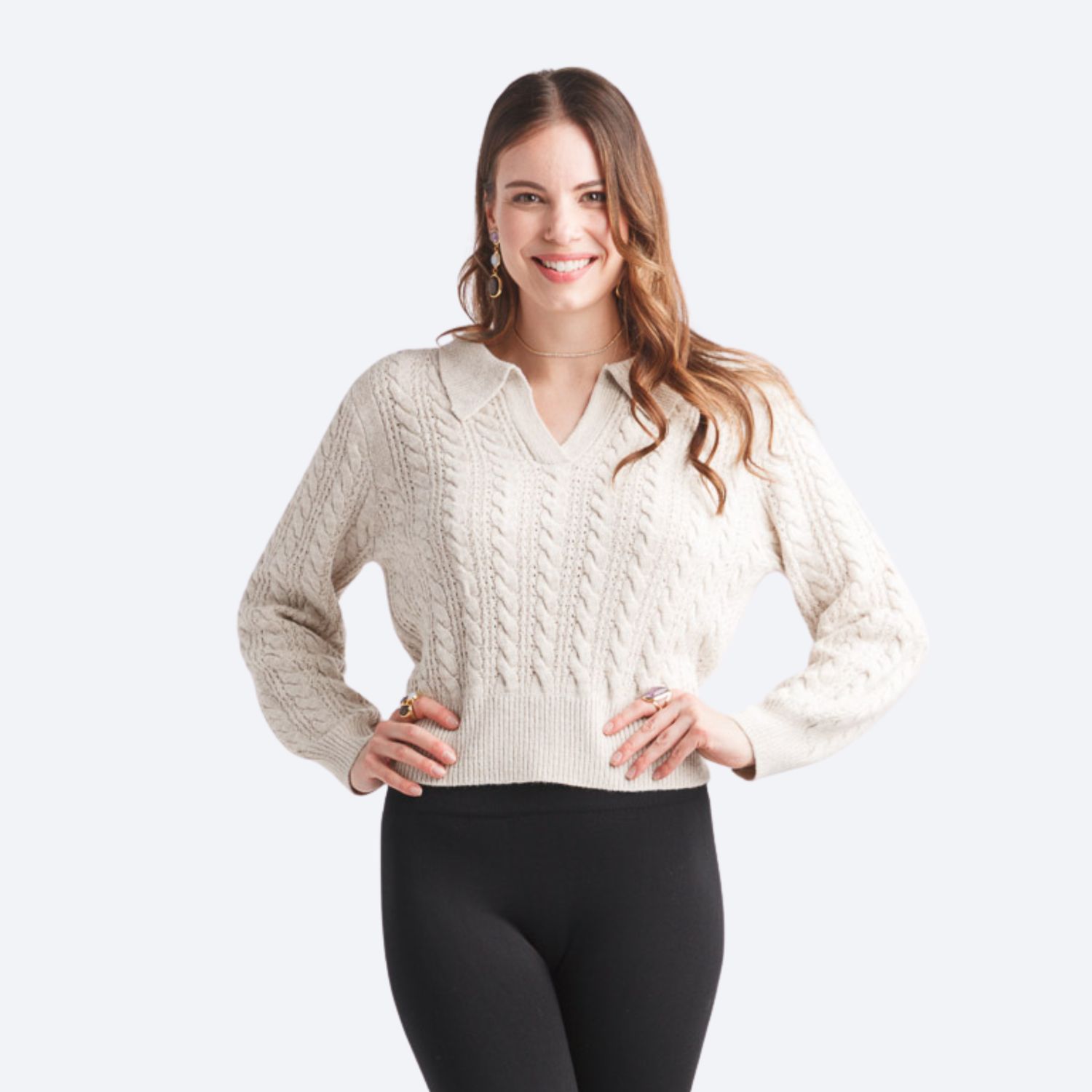 V Neck Collared Cable Knit Crop Sweater