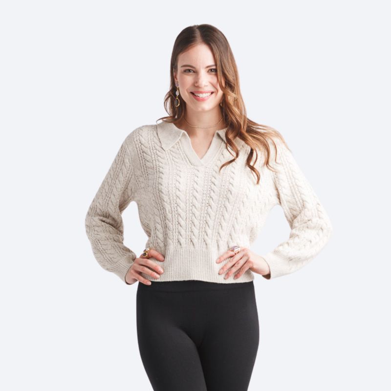 V Neck Collared Cable Knit Crop Sweater