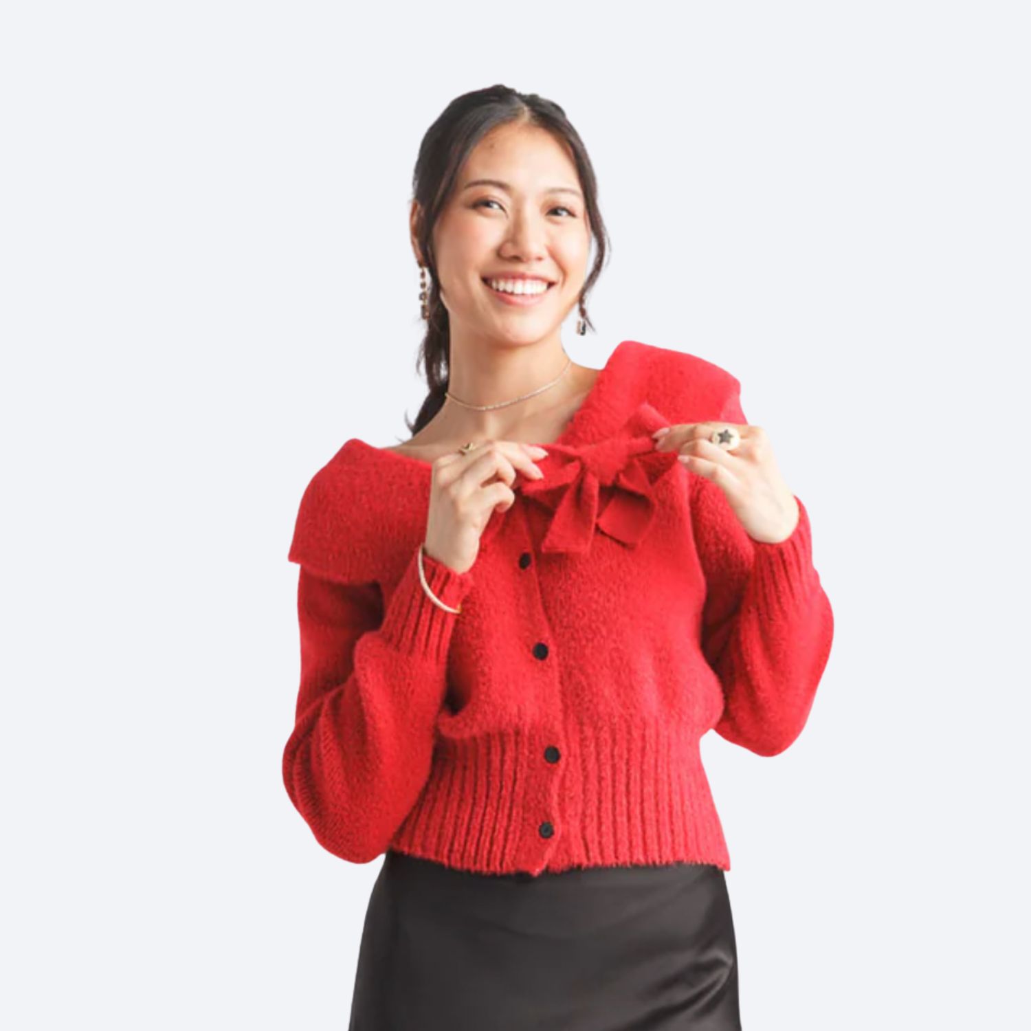 Boat Neck Cropped Cardigan with Bow