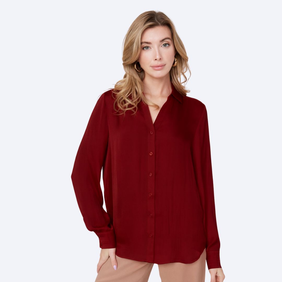 Satin Button Down Blouse w/Striped Cuff