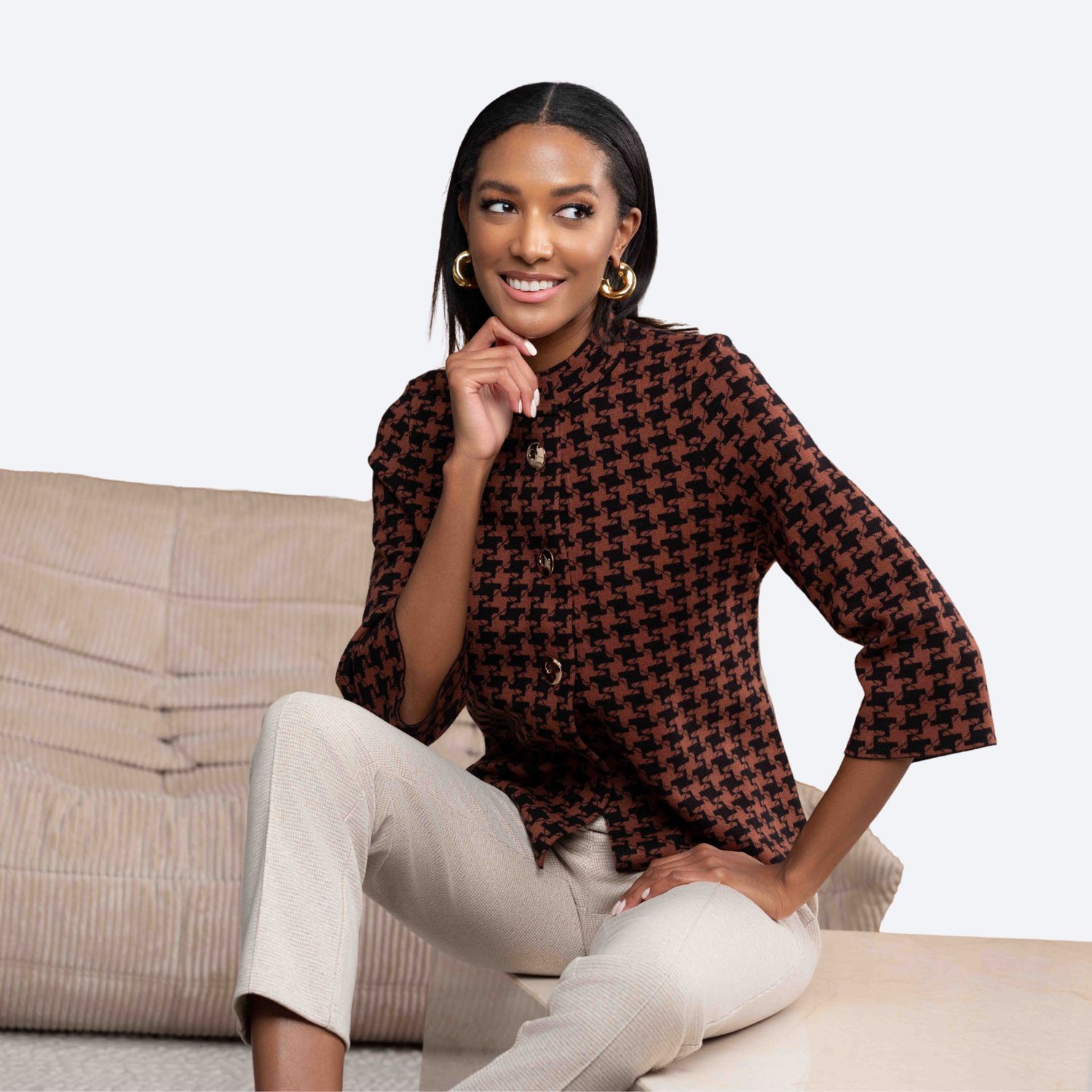 3/4 Sleeve Houndstooth Cardigan