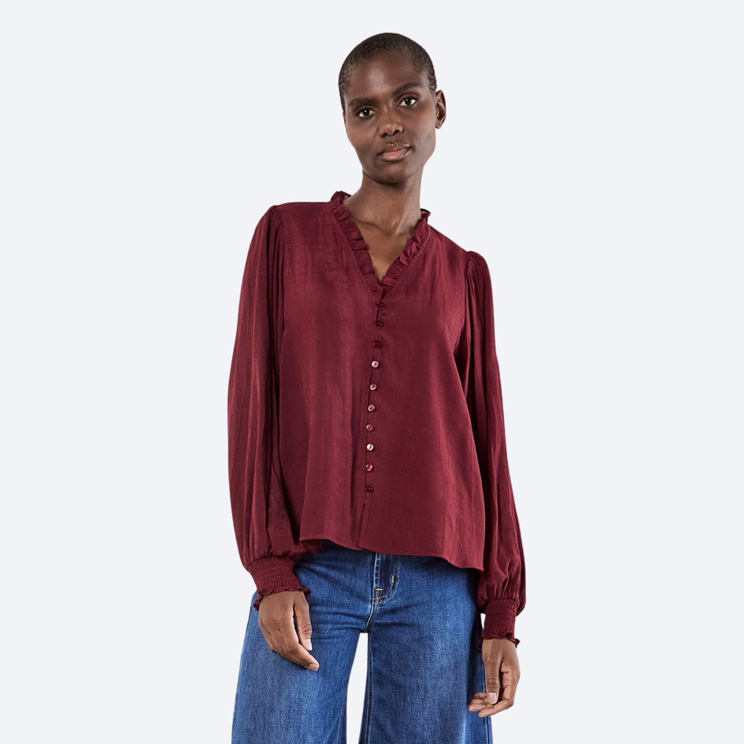 Ruffle Smock Cuff Boho Blouse