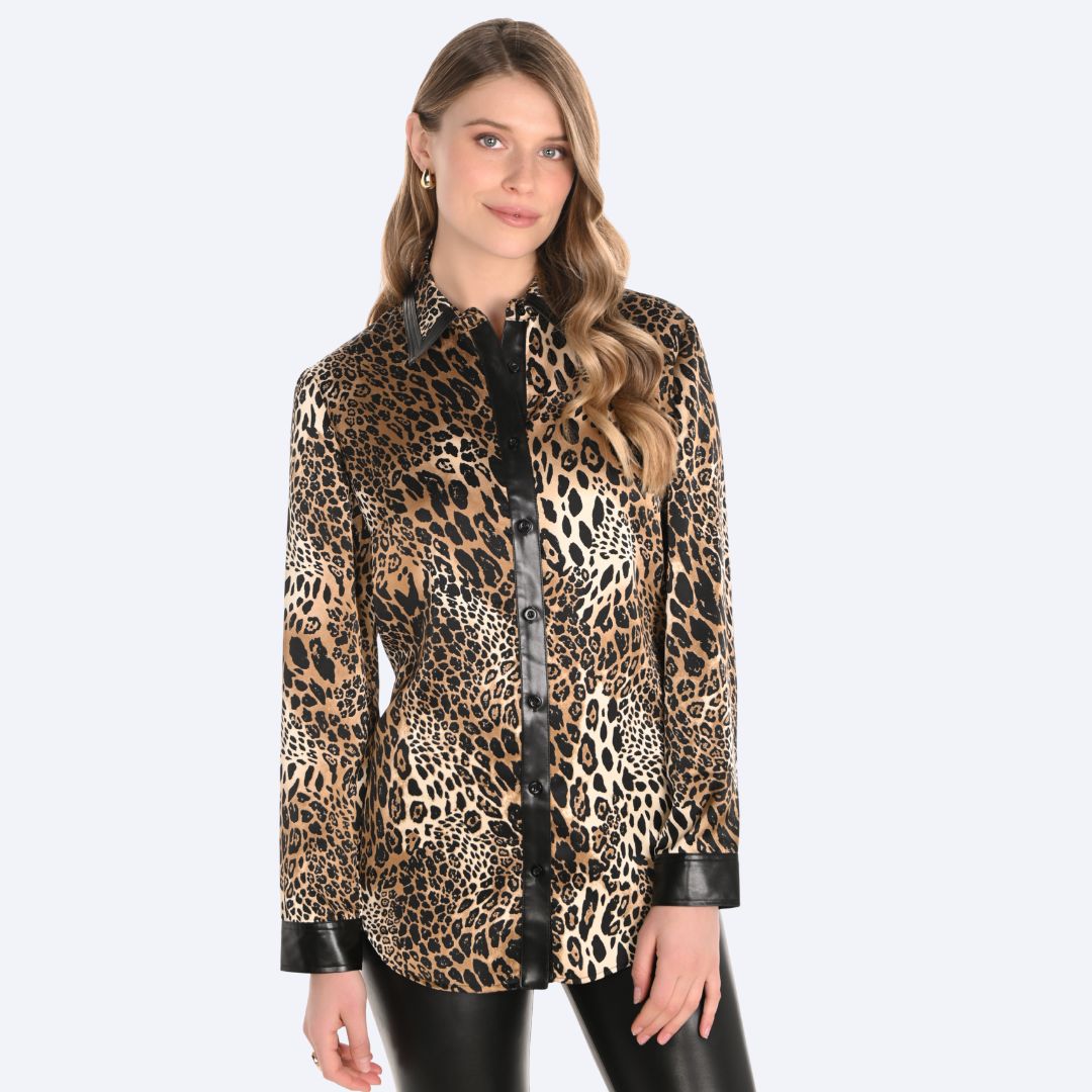 Blouse w/Faux Leather Trim