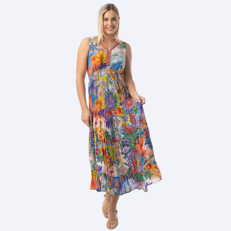 Sleeveless Tropical Print Maxi Dress