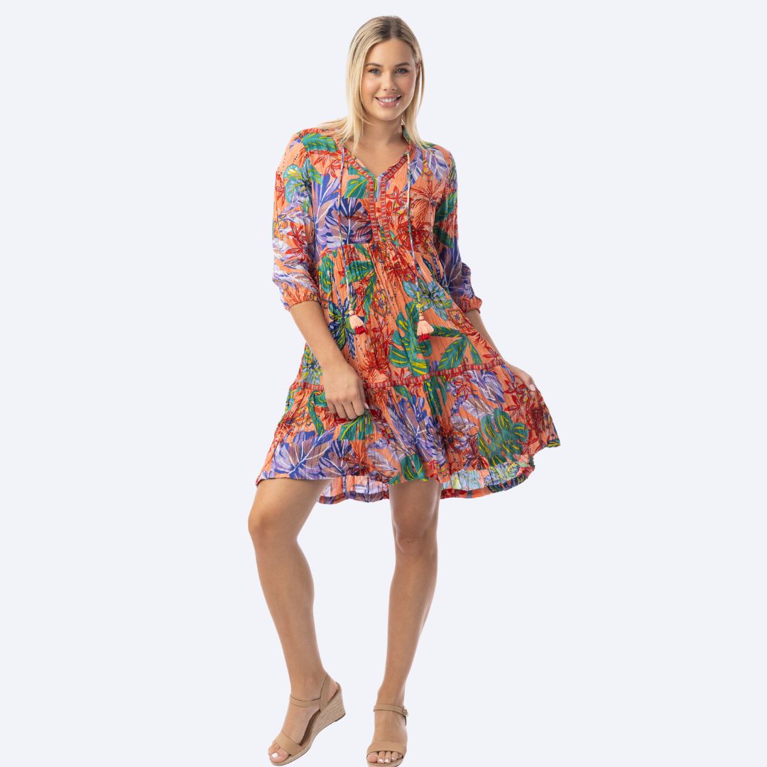 Tropical Print V NK Dress w/Tassels