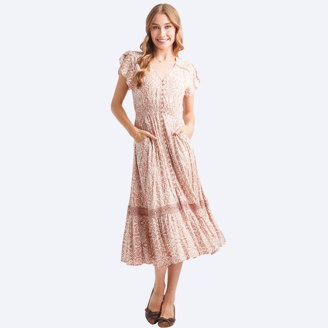 Damask Short Sleeve Midi Dress