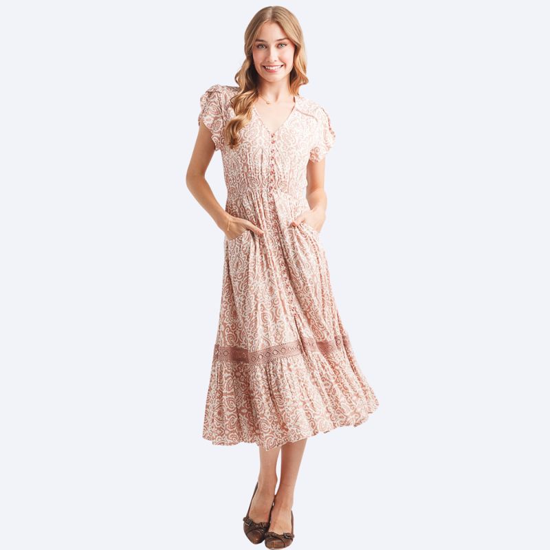 Damask Short Sleeve Midi Dress