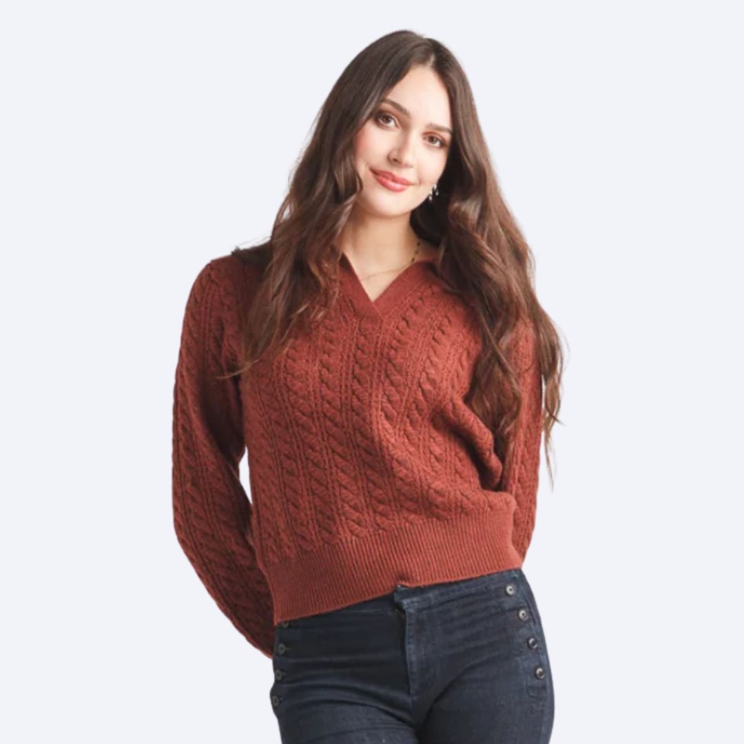 V Neck Collared Cable Knit Crop Sweater