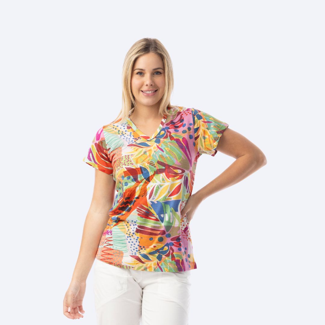 Tropical Print  V Nk T Shirt