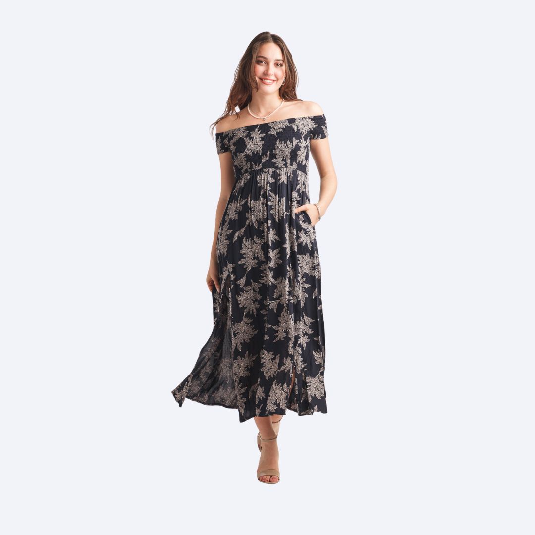 Leaf Print Smockd OTS Dress
