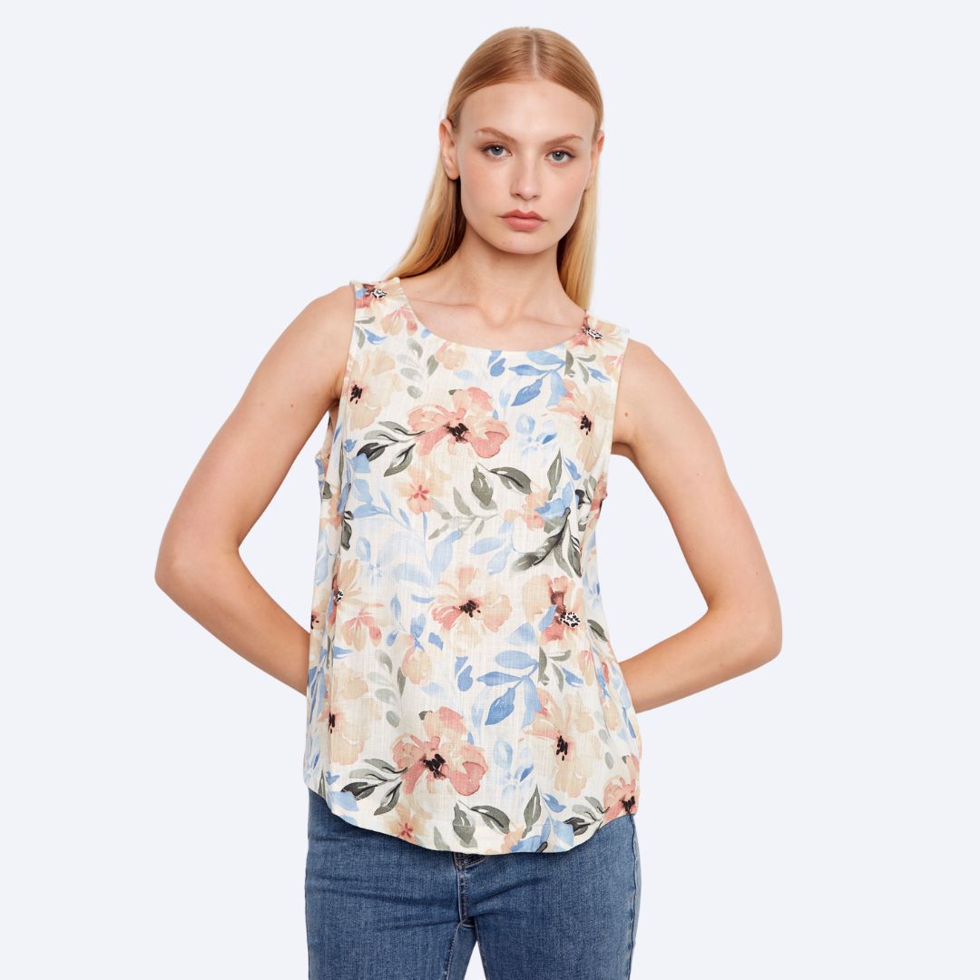 Printed Sleeveless Linen Blouse With Rounded Hem