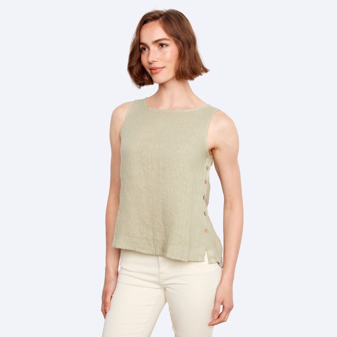 Crisp Linen Sleeveless Blouse With Side Buttons
