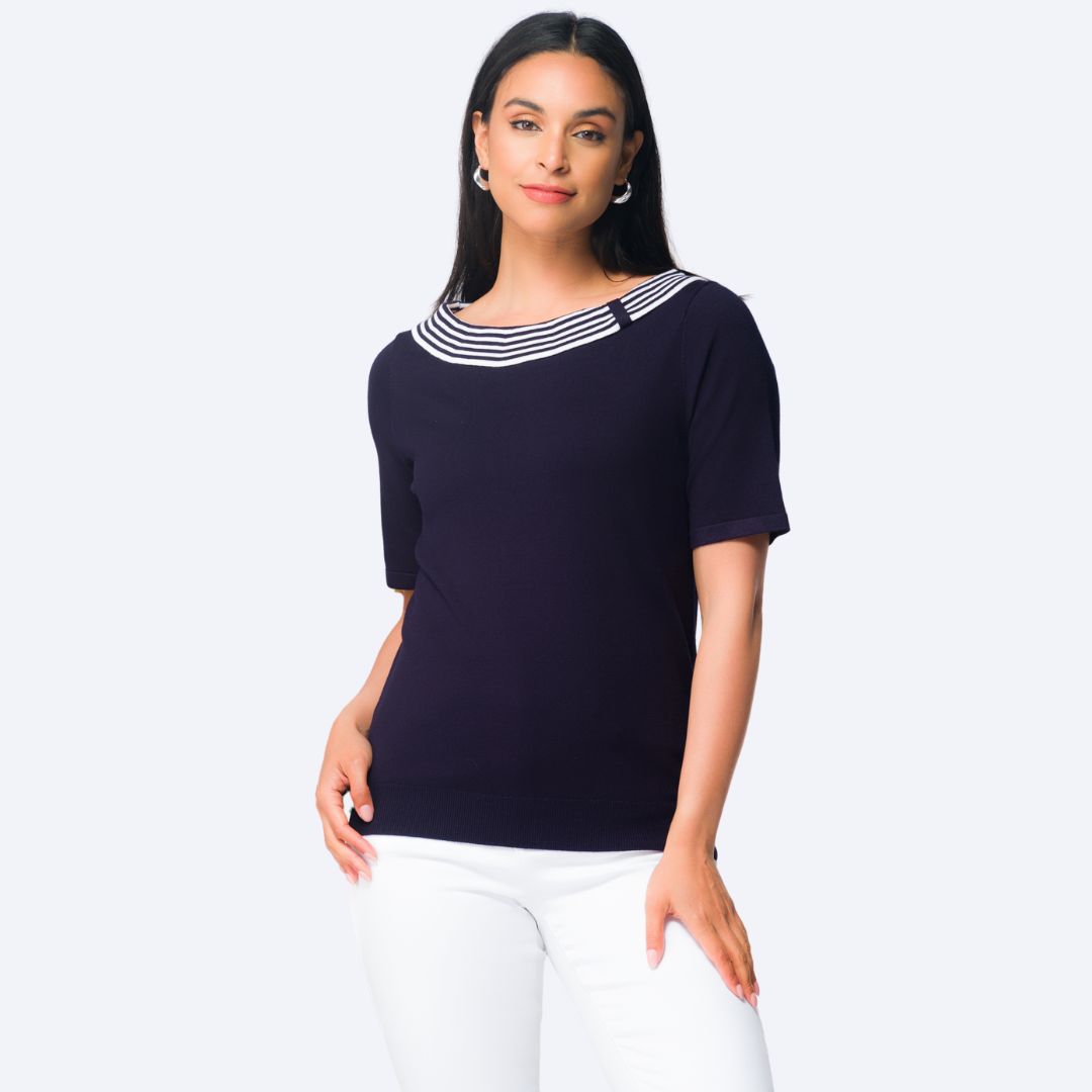Short Sleeve Top W/Striped Neck