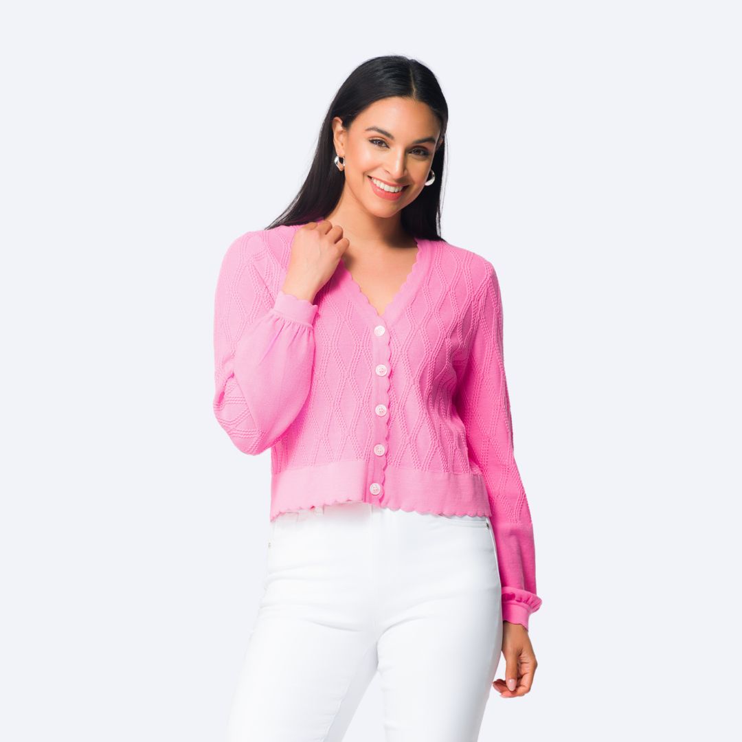 Scalloped Detail V-Nk Cardigan, Color: Fuchsia, Size: XS