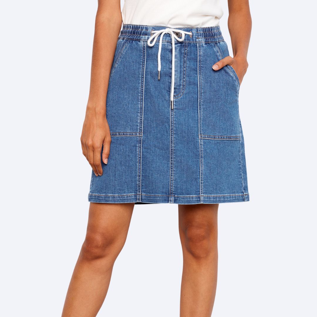 Drawstring Denim Skirt With Patch Pockets