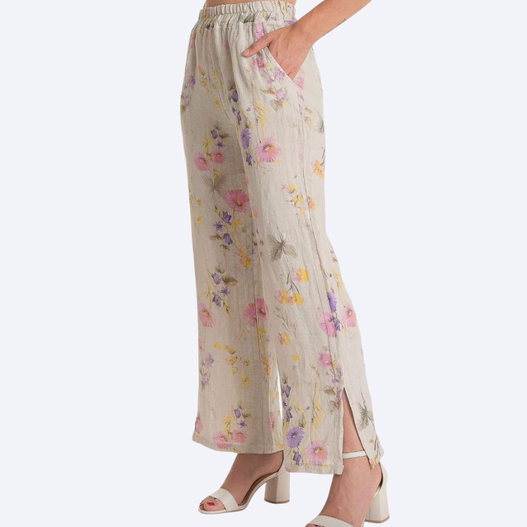 French Linen Print Pant w/Slit Hem