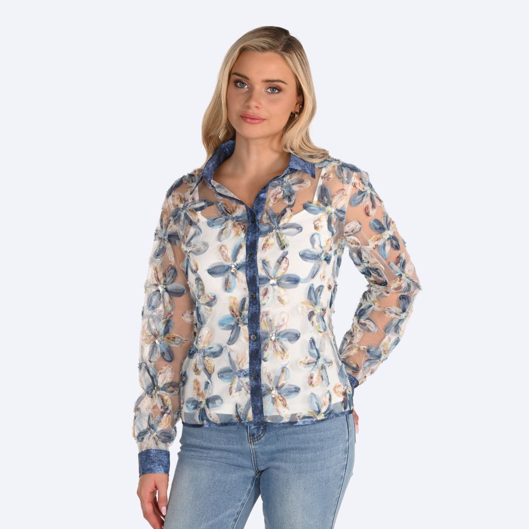 Long Sleeve Sequin Blouse Blue