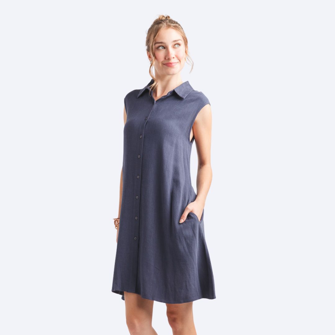Linen Blend Collared Shirt Dress